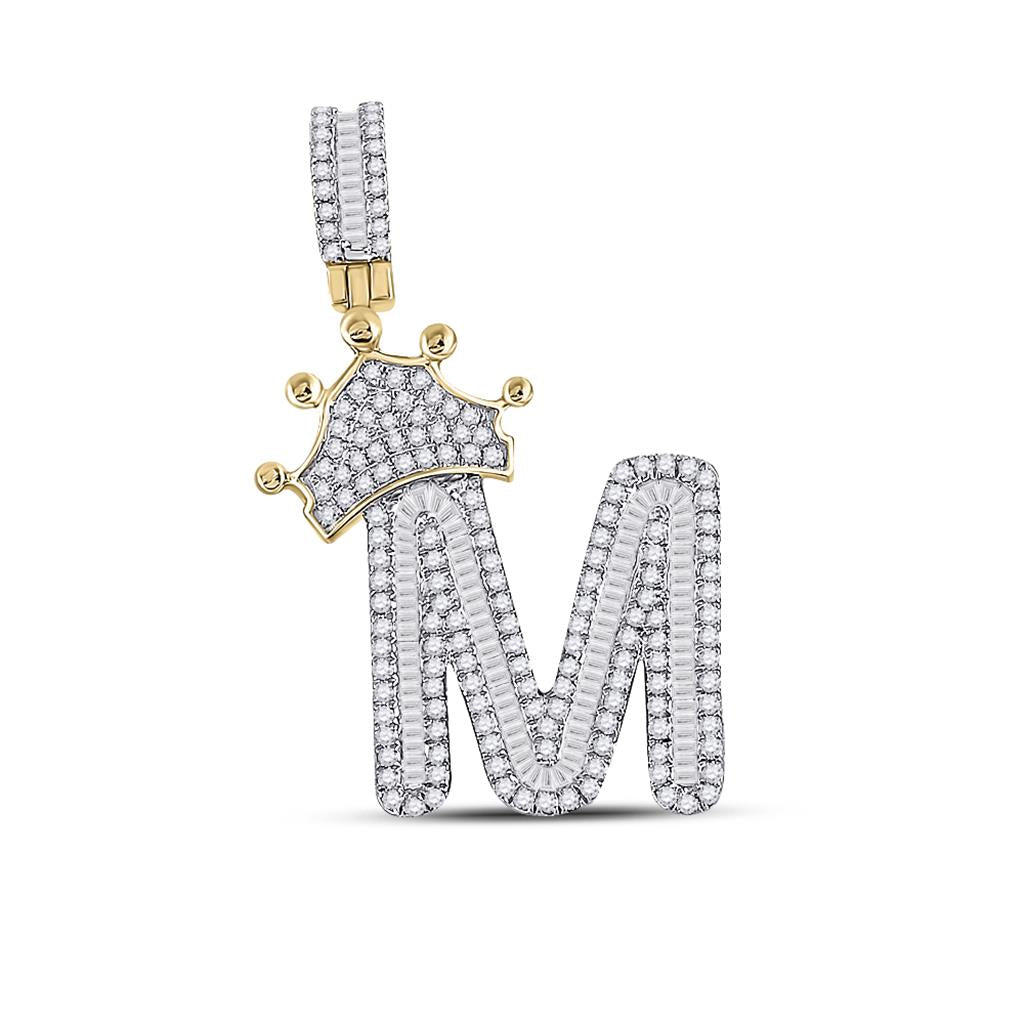 10k Yellow Gold Baguette Diamond Crown Letter Charm Pendant 1/2 to 1 Cttw