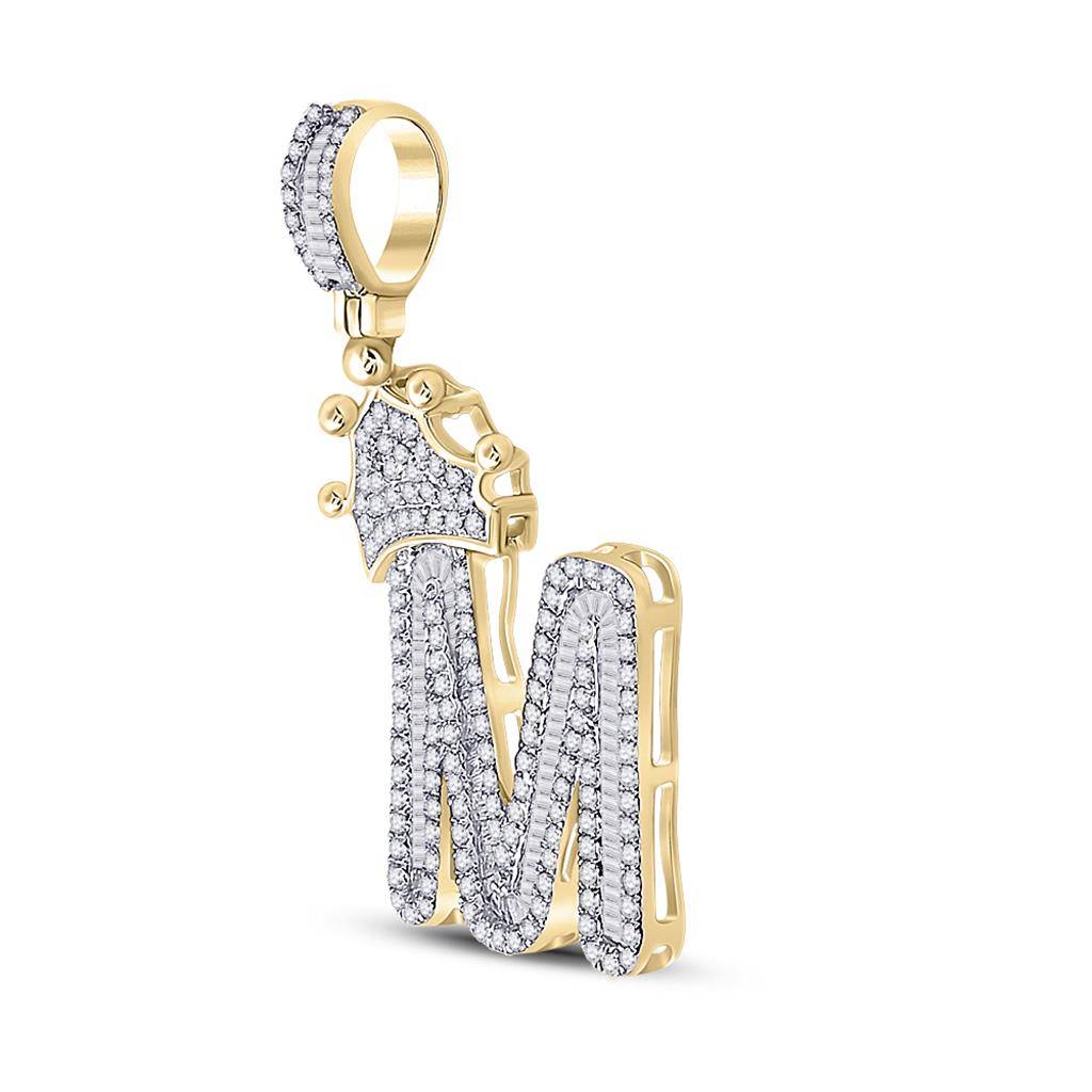 10k Yellow Gold Baguette Diamond Crown Letter Charm Pendant 1/2 to 1 Cttw