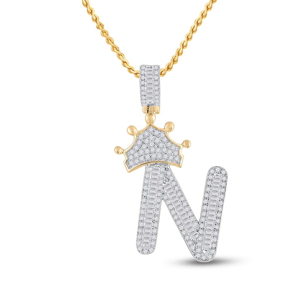 10k Yellow Gold Baguette Diamond Crown Letter Charm Pendant 1/2 to 1 Cttw