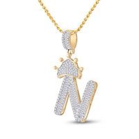 10k Yellow Gold Baguette Diamond Crown Letter Charm Pendant 1/2 to 1 Cttw