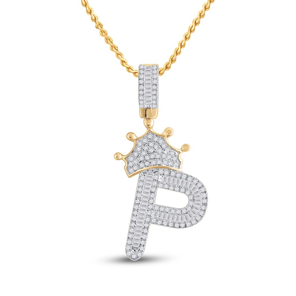 10k Yellow Gold Baguette Diamond Crown Letter Charm Pendant 1/2 to 1 Cttw