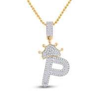 10k Yellow Gold Baguette Diamond Crown Letter Charm Pendant 1/2 to 1 Cttw