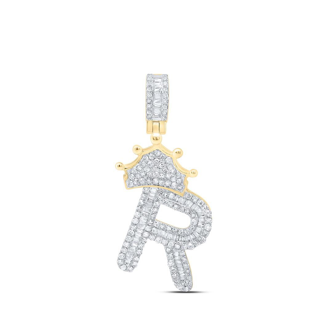 10k Yellow Gold Baguette Diamond Crown Letter Charm Pendant 1/2 to 1 Cttw