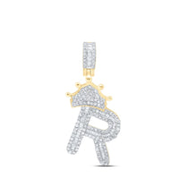 10k Yellow Gold Baguette Diamond Crown Letter Charm Pendant 1/2 to 1 Cttw