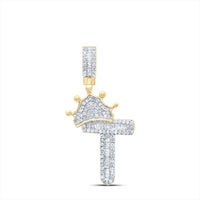 10k Yellow Gold Baguette Diamond Crown Letter Charm Pendant 1/2 to 1 Cttw