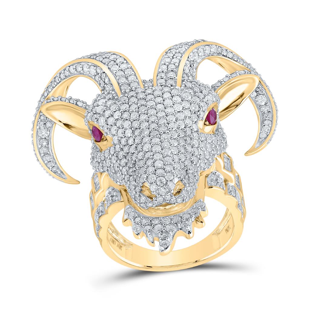 10k Yellow Gold Round Diamond Ruby Goat Ram Animal Ring 6 Cttw