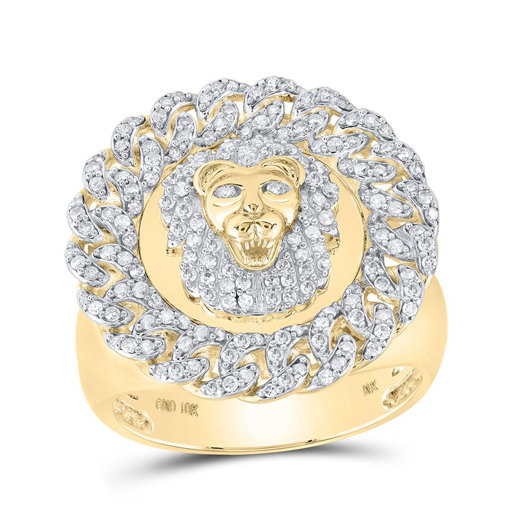 10k Yellow Gold Round Diamond Lion Cuban Link Circle Ring 7/8 Cttw