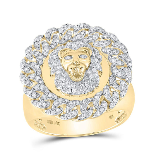 10k Yellow Gold Round Diamond Lion Cuban Link Circle Ring 7/8 Cttw