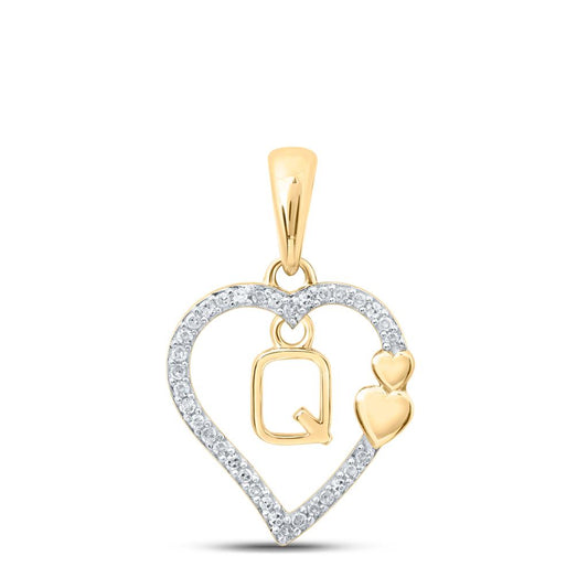 10k Yellow Gold Round Diamond Q Heart Letter Pendant