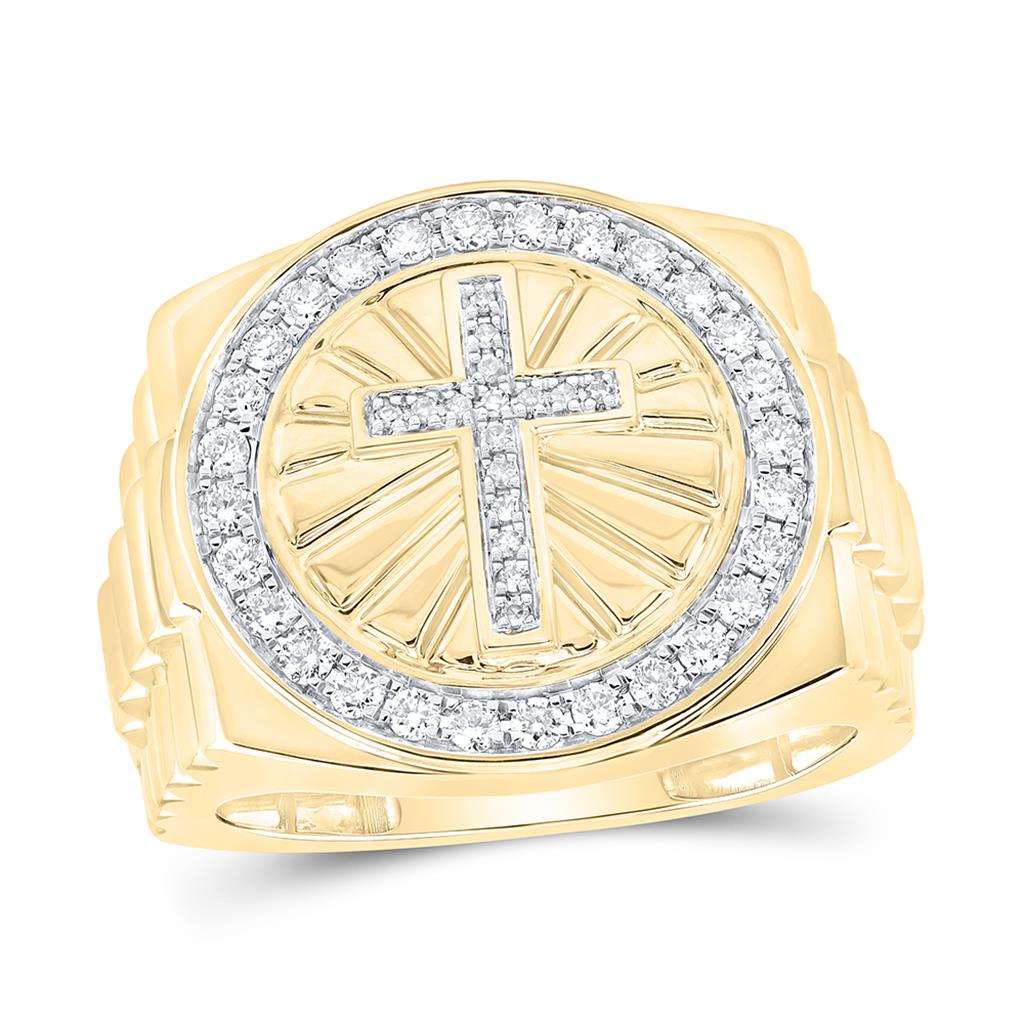 10k Yellow Gold Round Diamond Cross Circle Ring 1/2 Cttw