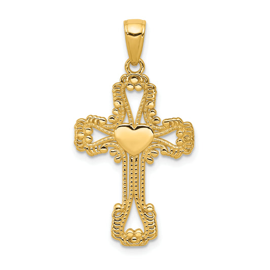 14K Beaded Cross with Heart Pendant
