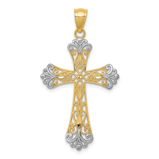 14k w/Rhodium Diamond-cut Cross Pendant