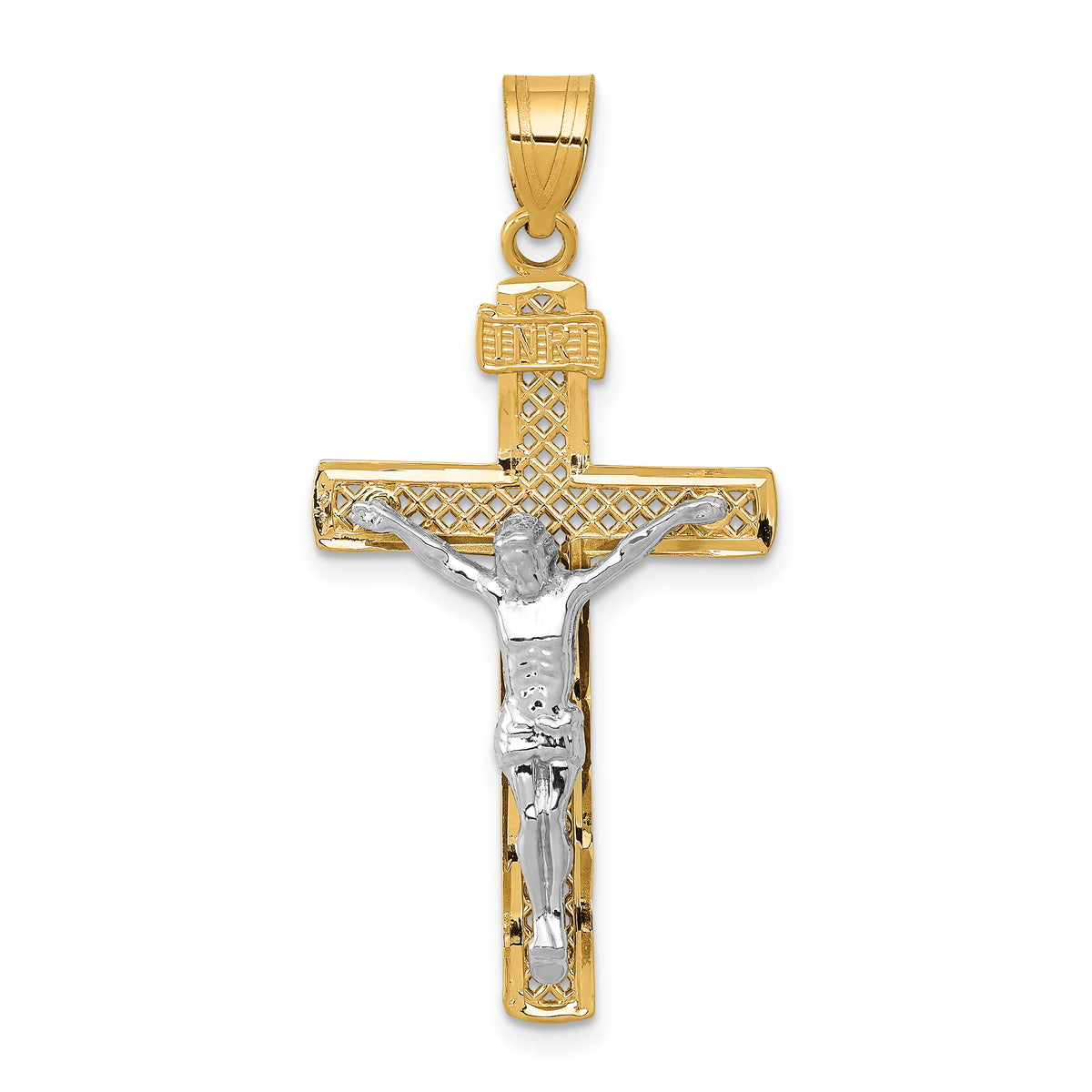 14K Two-tone Diamond-cut Lattice Cross w/Crucifix Pendant