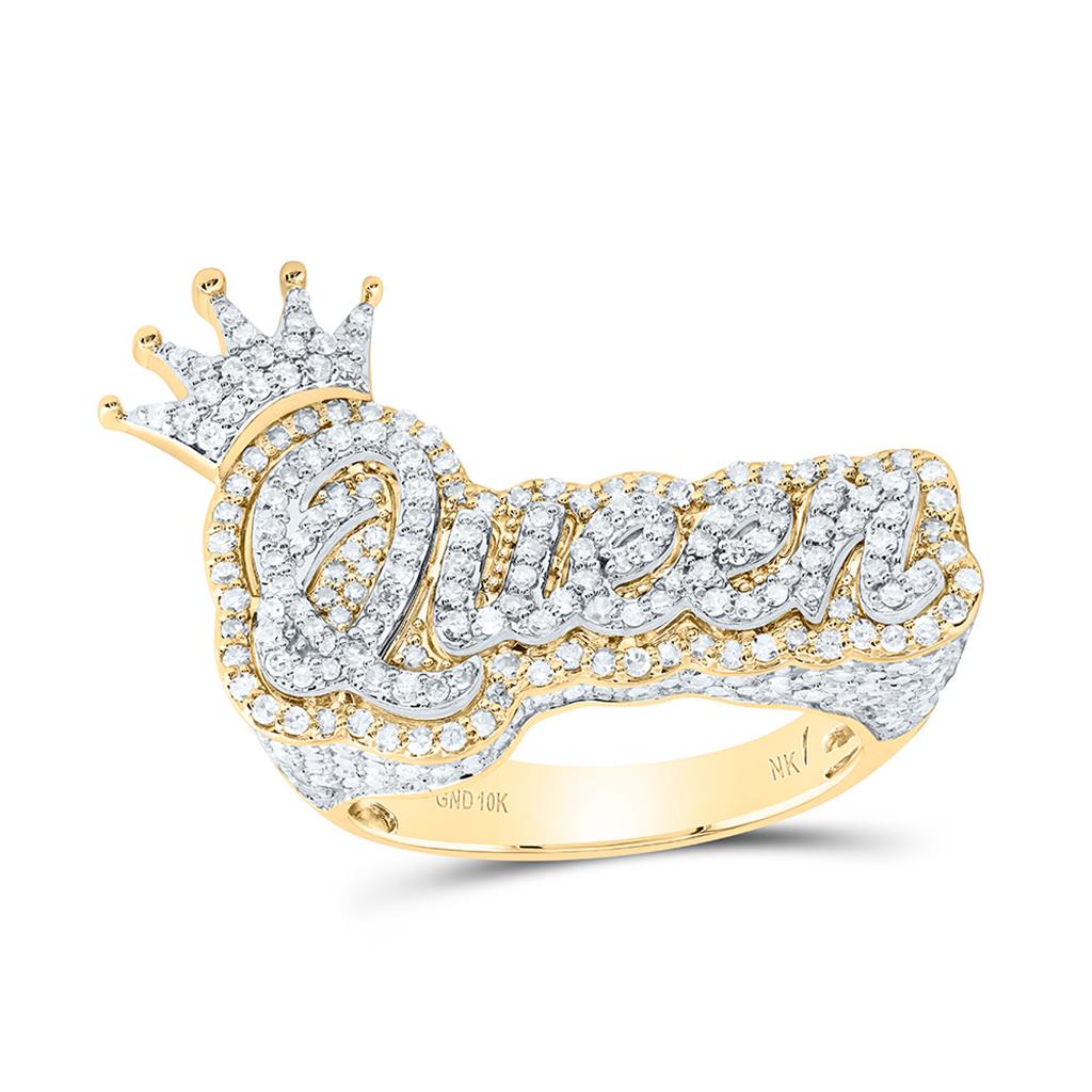 10K Yellow White Diamond Fashion Queen with Crown Ring 1-5/8 Cttw