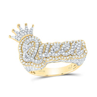 10K Yellow White Diamond Fashion Queen with Crown Ring 1-5/8 Cttw