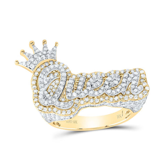 10K Yellow White Diamond Fashion Queen with Crown Ring 1-5/8 Cttw