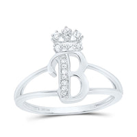 Sterling Silver Diamond Gift Initial Crown Ladies Ring 1/10 to 1/8 Cttw