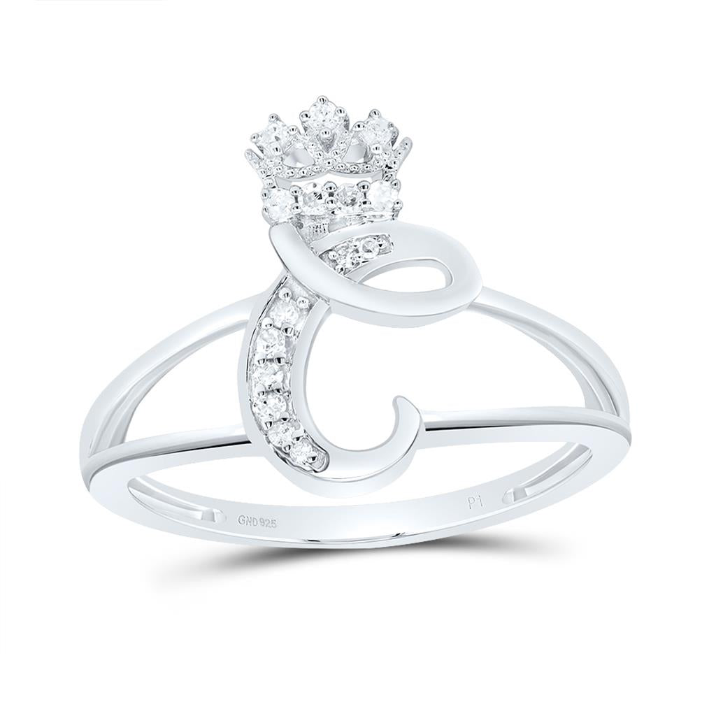 Sterling Silver Diamond Gift Initial Crown Ladies Ring 1/10 to 1/8 Cttw