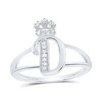 Sterling Silver Diamond Gift Initial Crown Ladies Ring 1/10 to 1/8 Cttw
