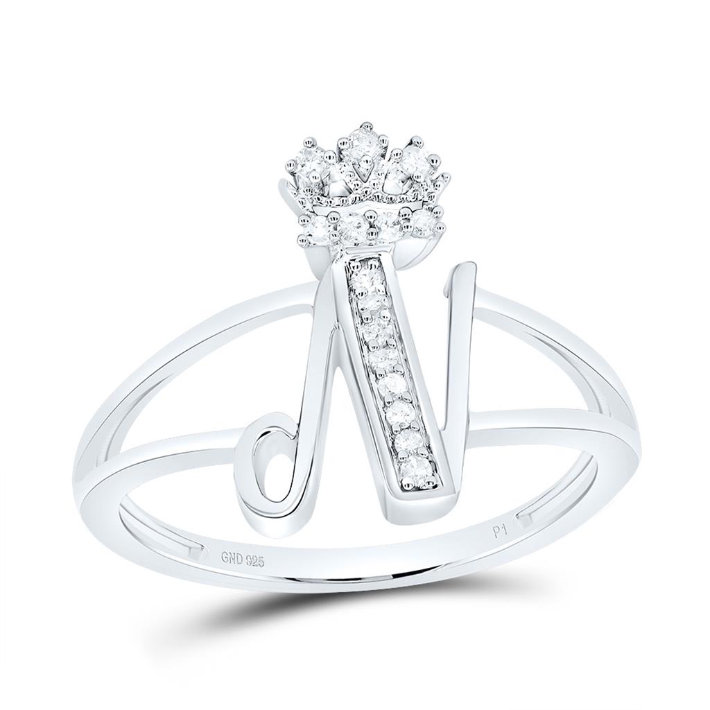 Sterling Silver Diamond Gift Initial Crown Ladies Ring 1/10 to 1/8 Cttw