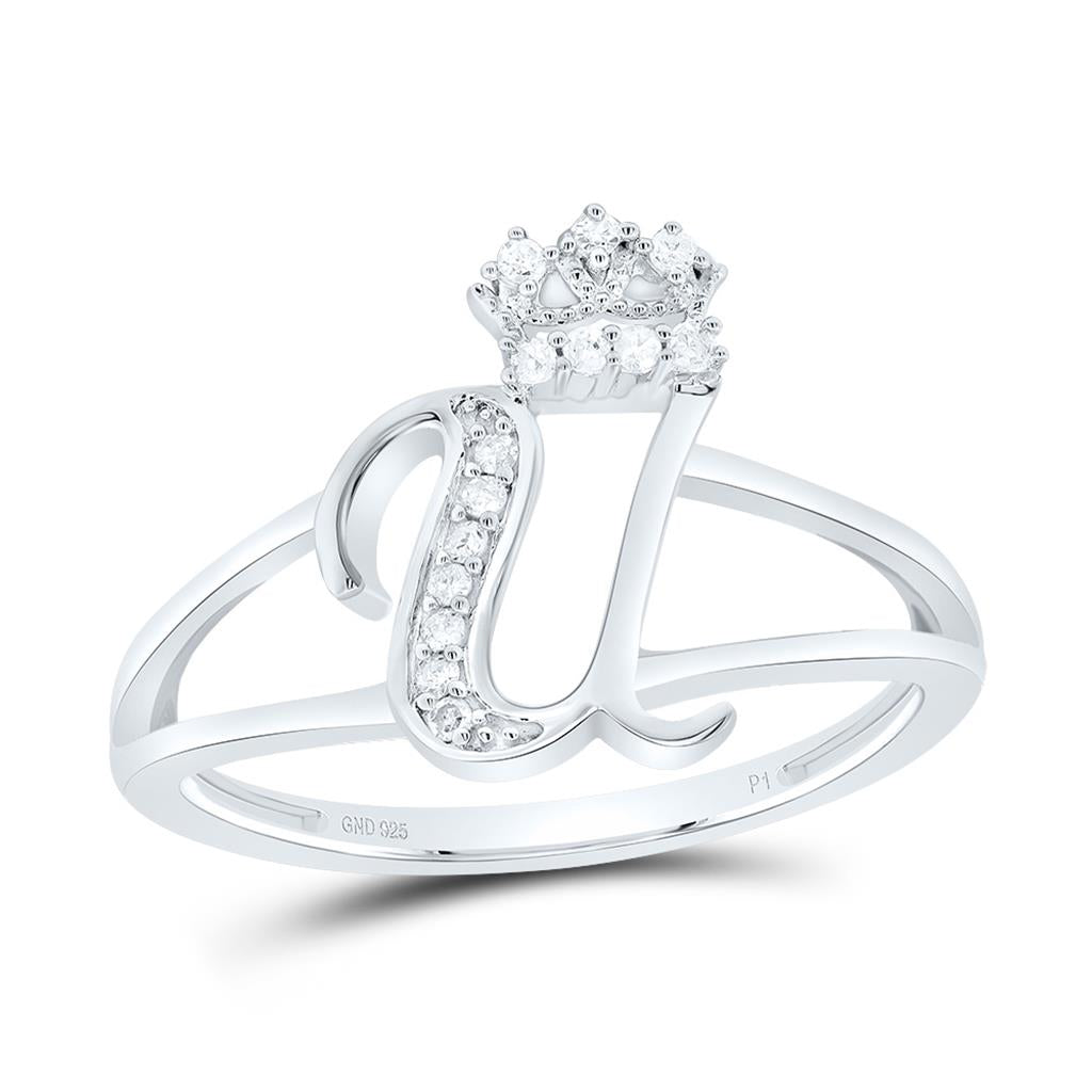 Sterling Silver Diamond Gift Initial Crown Ladies Ring 1/10 to 1/8 Cttw
