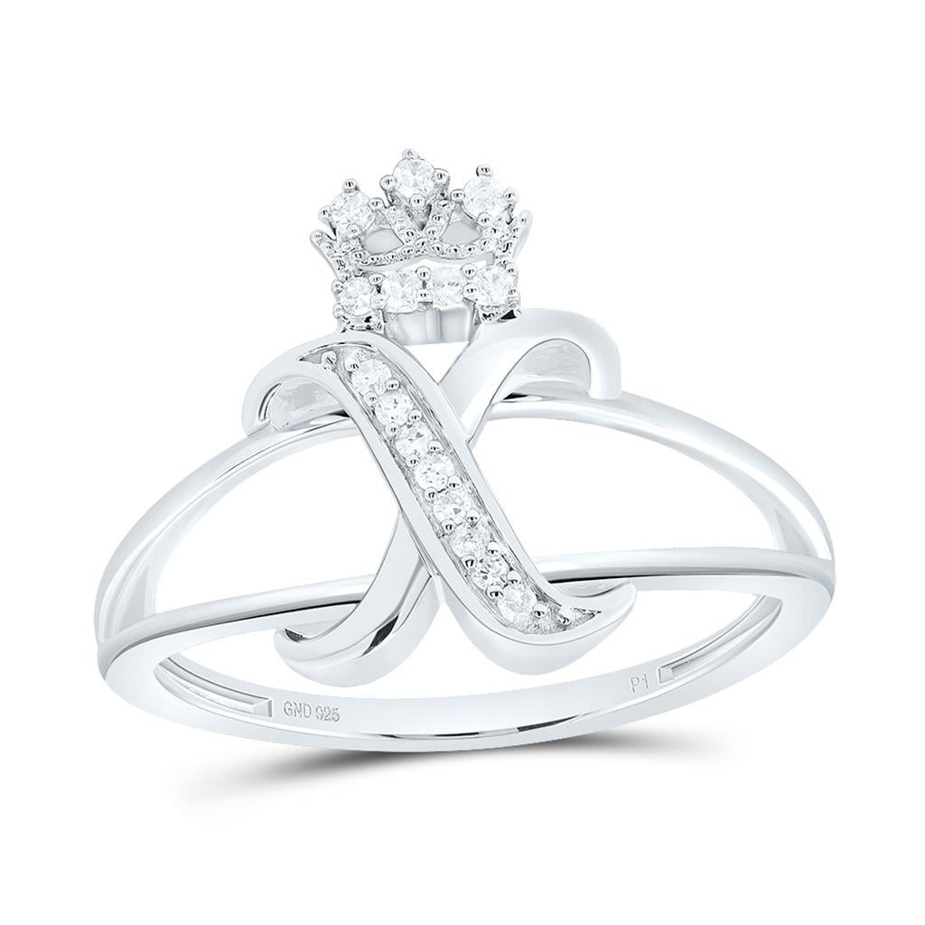 Sterling Silver Diamond Gift Initial Crown Ladies Ring 1/10 to 1/8 Cttw