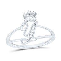 Sterling Silver Diamond Gift Initial Crown Ladies Ring 1/10 to 1/8 Cttw