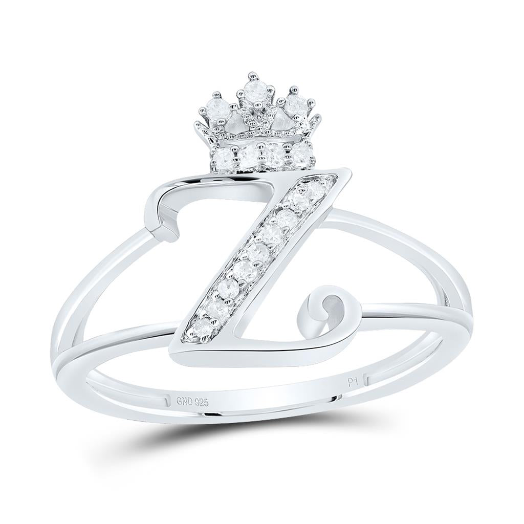 Sterling Silver Diamond Gift Initial Crown Ladies Ring 1/10 to 1/8 Cttw