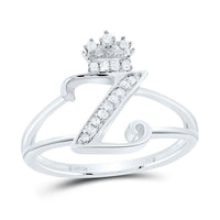 Sterling Silver Diamond Gift Initial Crown Ladies Ring 1/10 to 1/8 Cttw