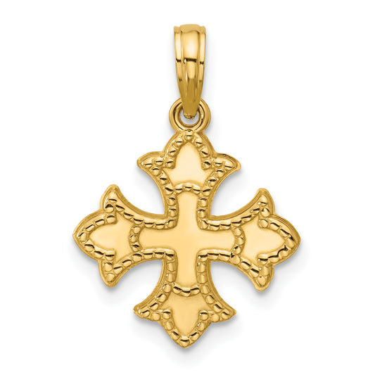 14K Polished Beaded  Fleur de Lis Cross Pendant