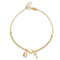 14K Polished and Diamond-cut Heart Lock and Key w/ .5in ext. Bracelet
