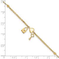 14K Polished and Diamond-cut Heart Lock and Key w/ .5in ext. Bracelet