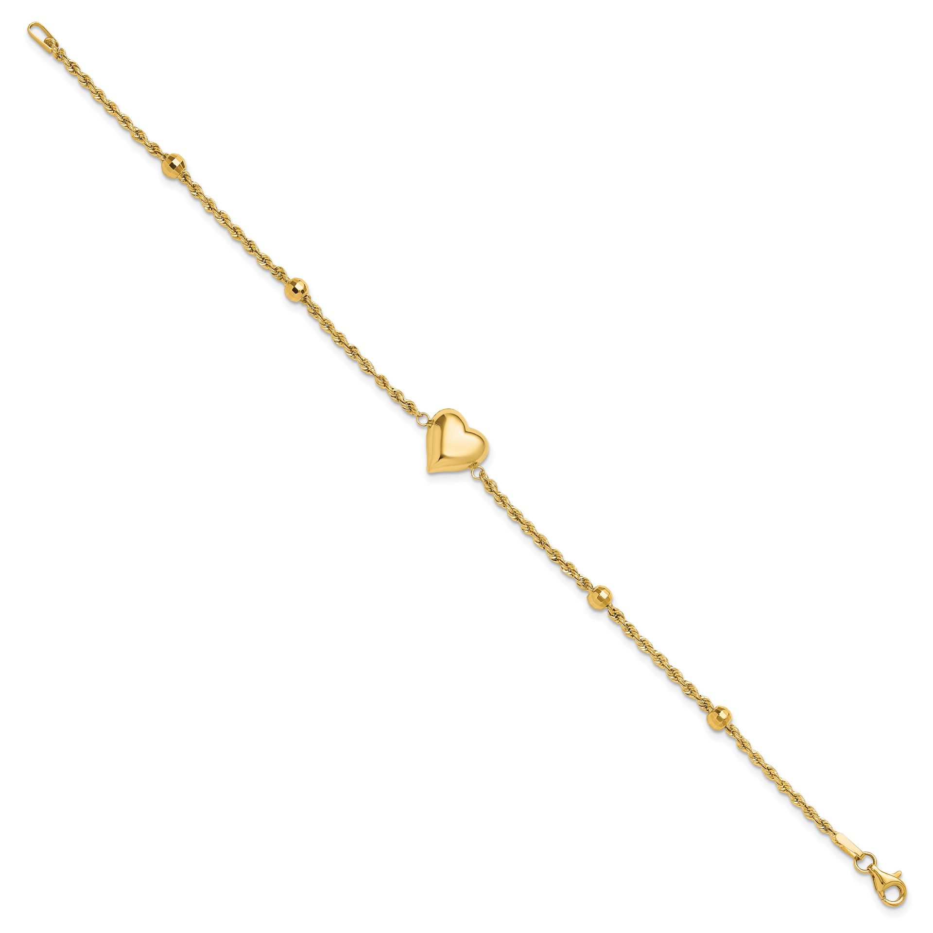 14k Polished and D/C Beaded Puff Heart 7.75in Bracelet