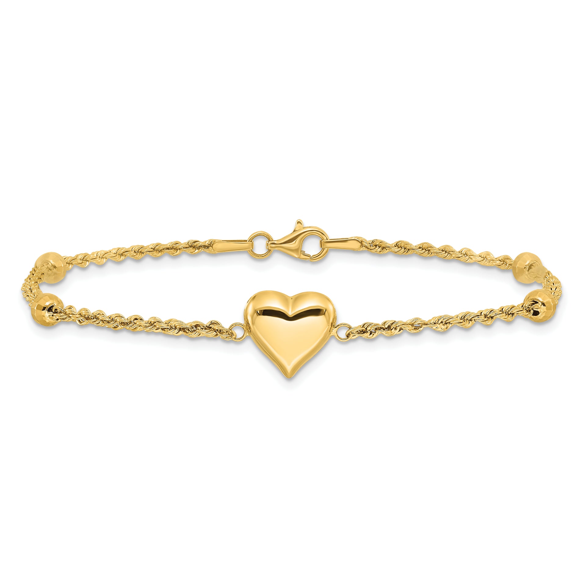 14k Polished and D/C Beaded Puff Heart 7.75in Bracelet