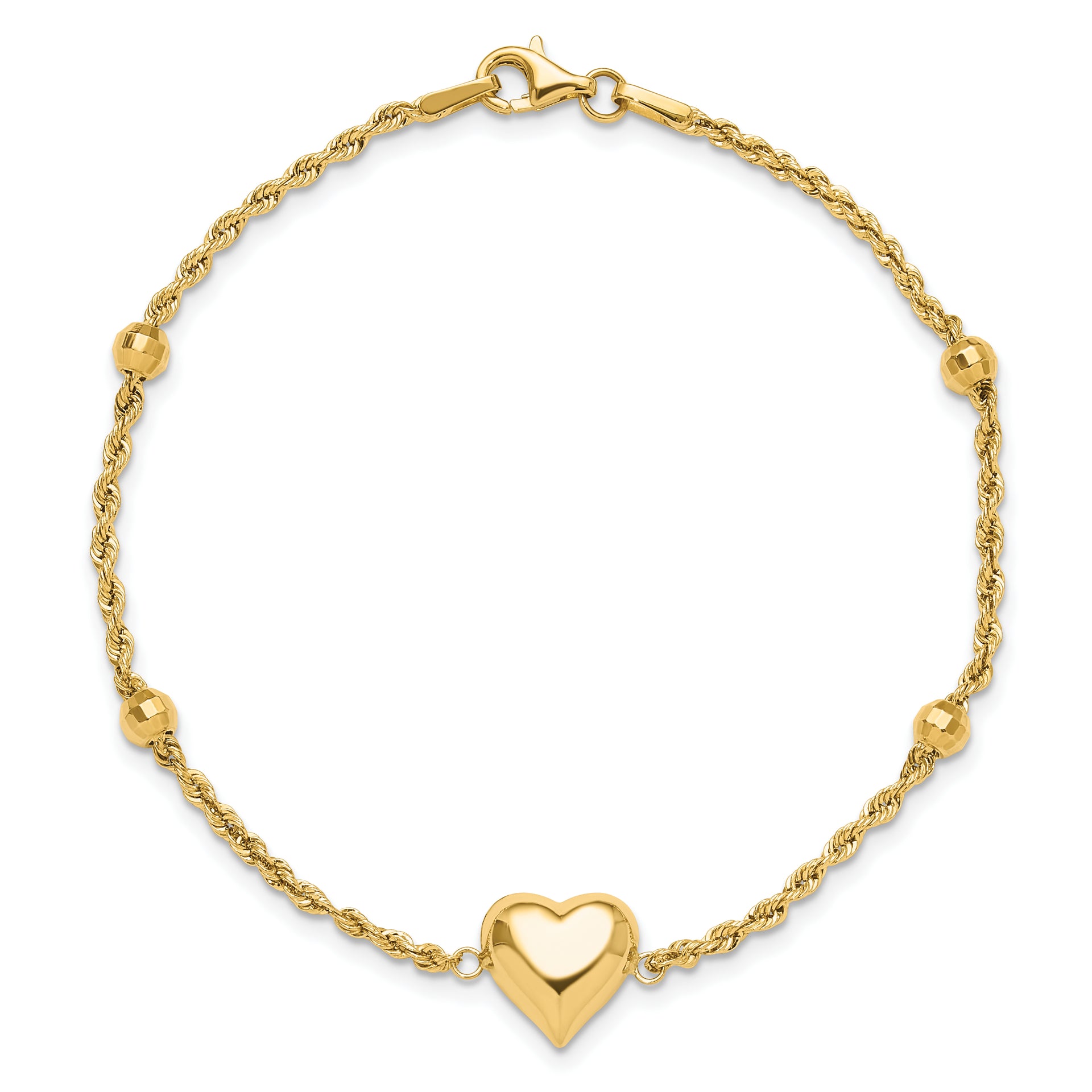 14k Polished and D/C Beaded Puff Heart 7.75in Bracelet