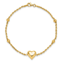 14k Polished and D/C Beaded Puff Heart 7.75in Bracelet
