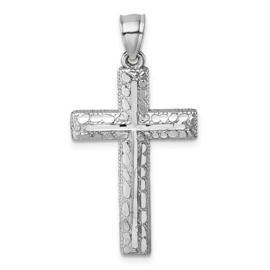 14k Polished White Gold Diamond-cut Fancy Cross Pendant