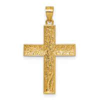 14k & Rhodium Polished Floral Tree Leaves Cross Pendant