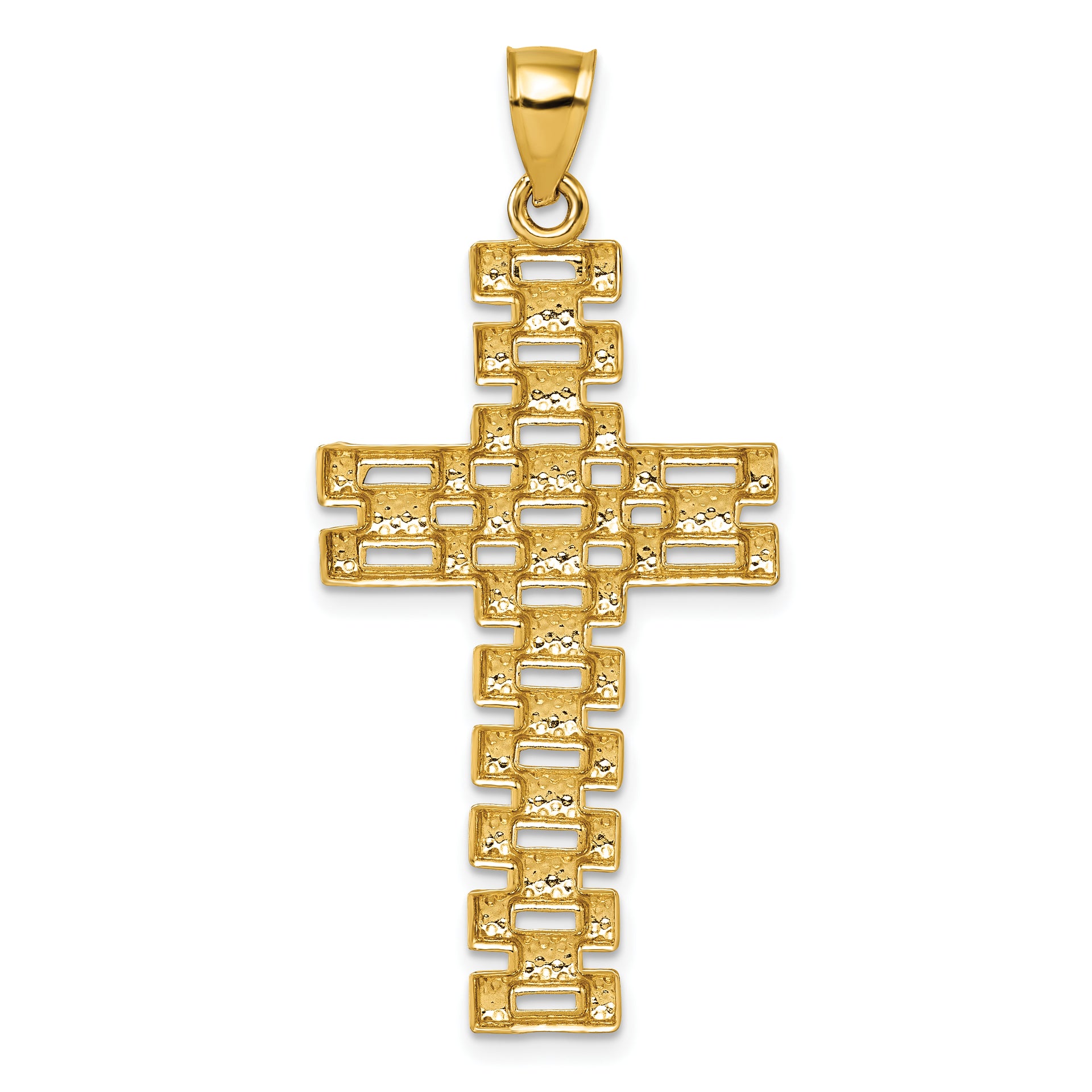 14k Polished Diamond-cut Textured Fancy Link Cross Pendant