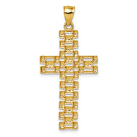 14k Polished Diamond-cut Textured Fancy Link Cross Pendant