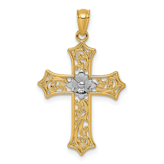 14k and Rhodium Polished Floral Cross Pendant
