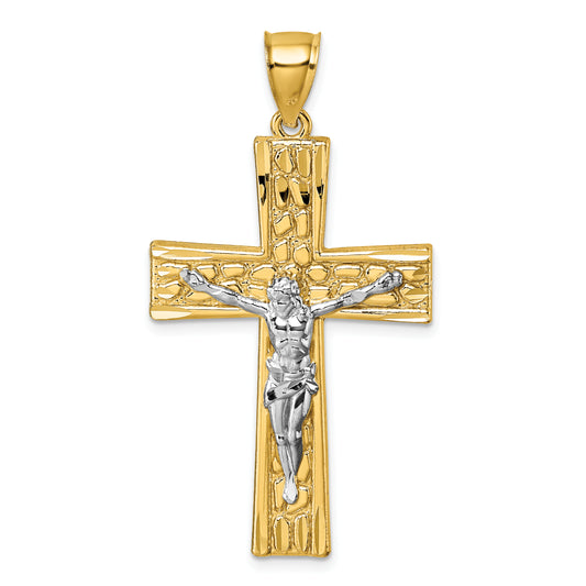 14k w/Rhodium  Polished and Diamond-cut Crucifix Pendant
