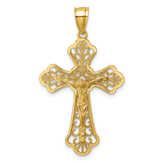 14k Polished Diamond-cut Filigree Fancy Crucifix Pendant