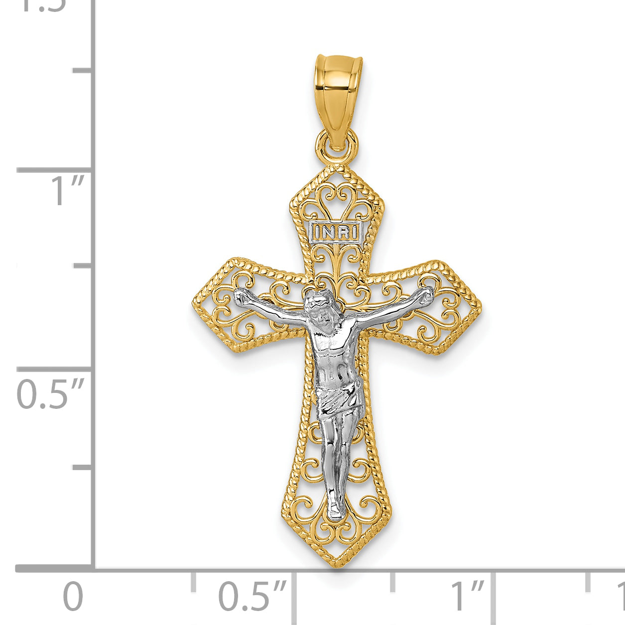 14k Two-tone Polished and Beaded Fancy Crucifix Pendant