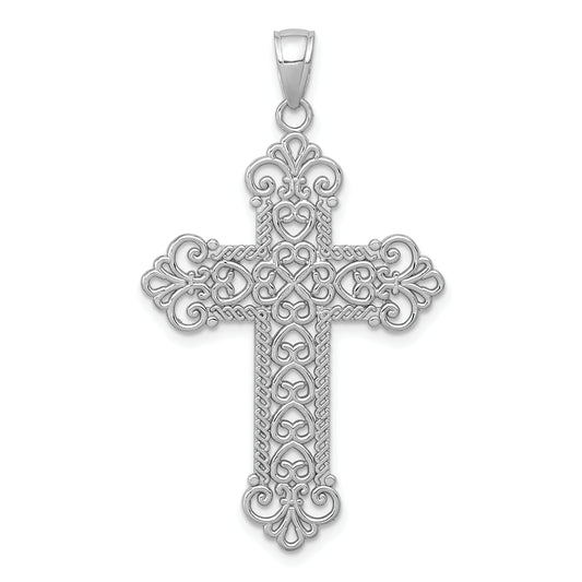 14K White Gold Polished Large Rope Frame Filigree Cross Pendant