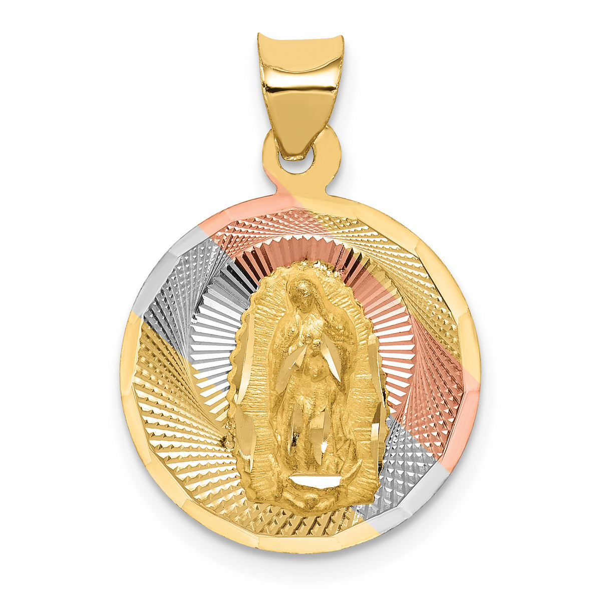 14K w/Rhodium Polished D/C Lady Of Guadalupe Circle Pendant