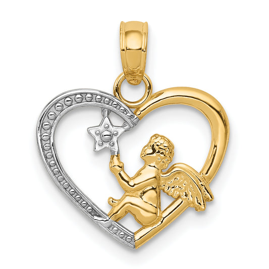 14K w/Rhodium Angel in Heart w/ Star Pendant
