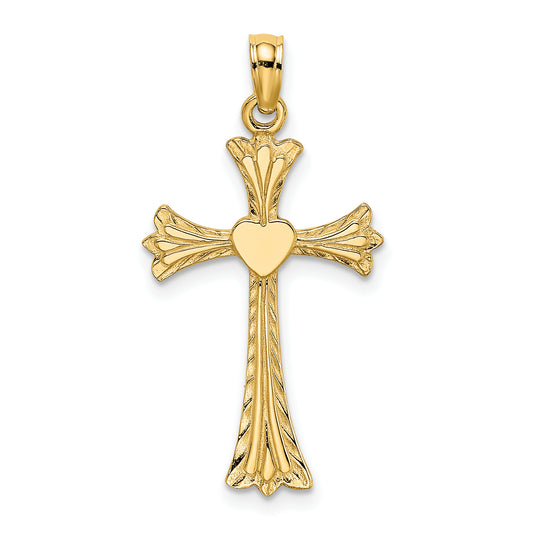 14K Polished and Engraved Cross W/ Heart Charm
