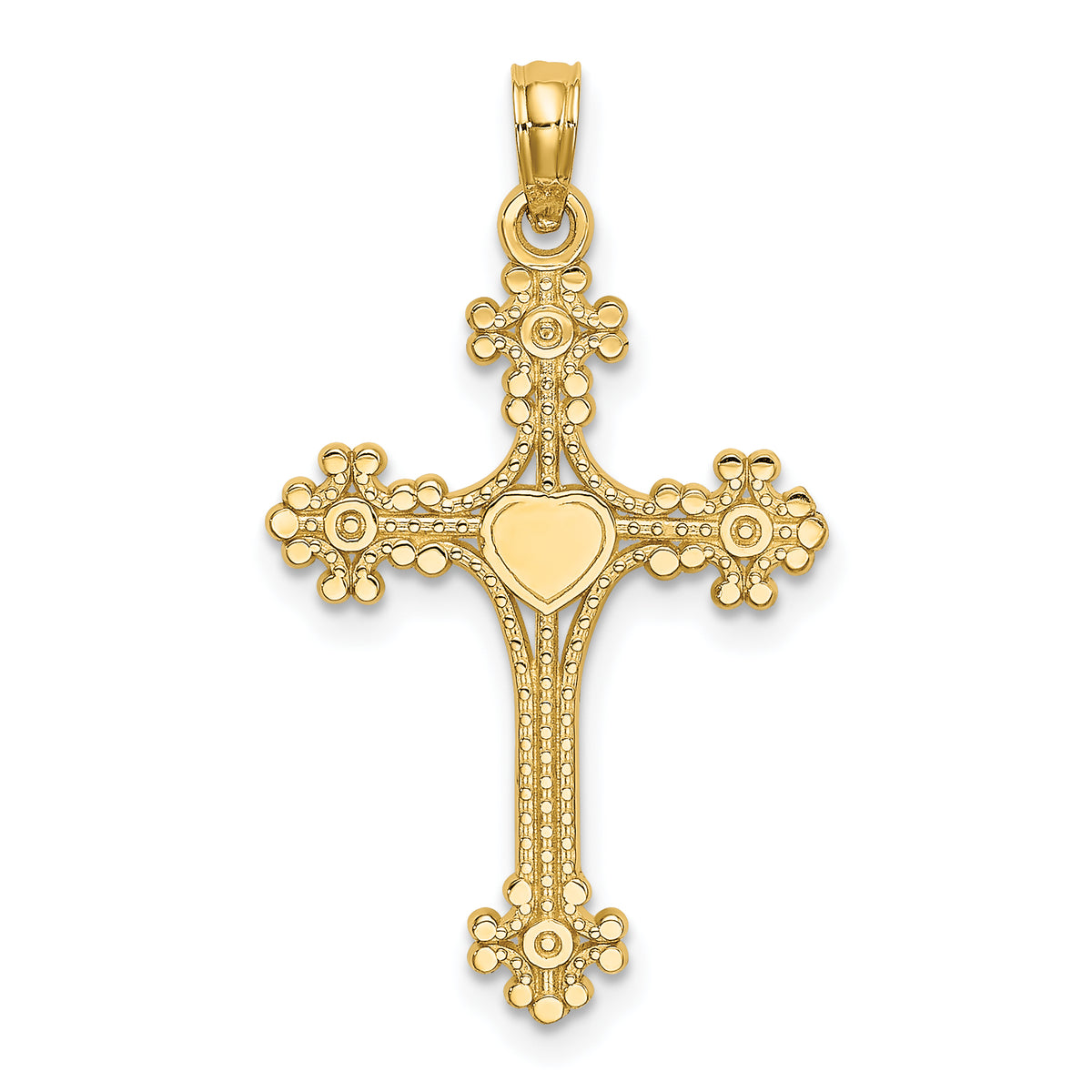 14K Beaded Tip Cross w/ Heart Center Charm