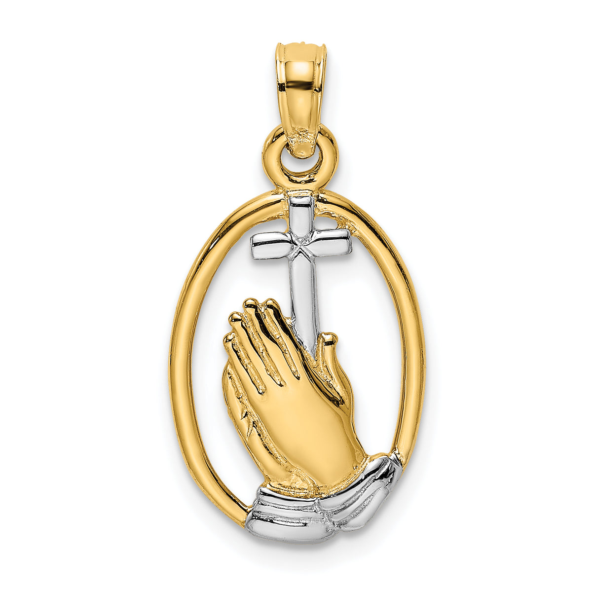 14K W/ Rhodium Praying Hands and Cross Charm